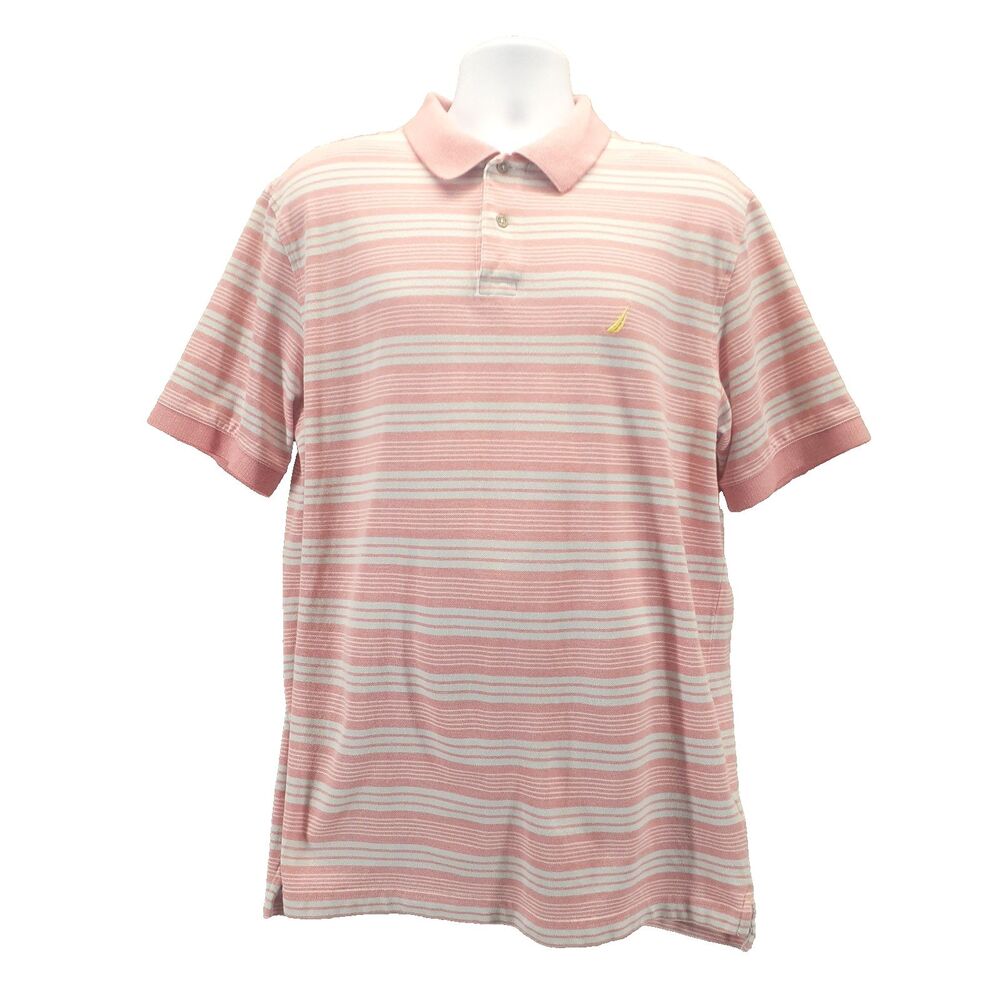 NAUTICA Polo Shirt Men Sz XL Short Sleeve Pink Light Blue Striped Cotton Preppy